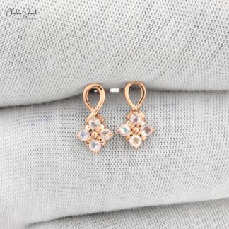 Natural Rainbow Moonstone Cluster Earrings 2mm Round Cut Gemstone 14k Solid Rose Gold Dainty Earrings For Her