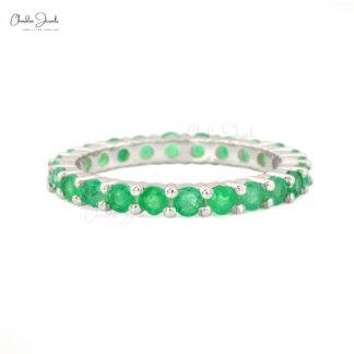 Natural Emerald Full Eternity Ring In 14k Real White Gold Dainty Stacking Rings Size US6.5
