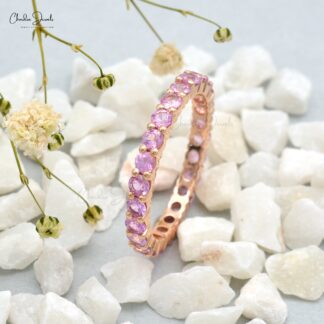 Gemstone Eternity Band With 2.5mm Pink Sapphire Stackable Wedding Ring In 14k Rose Gold