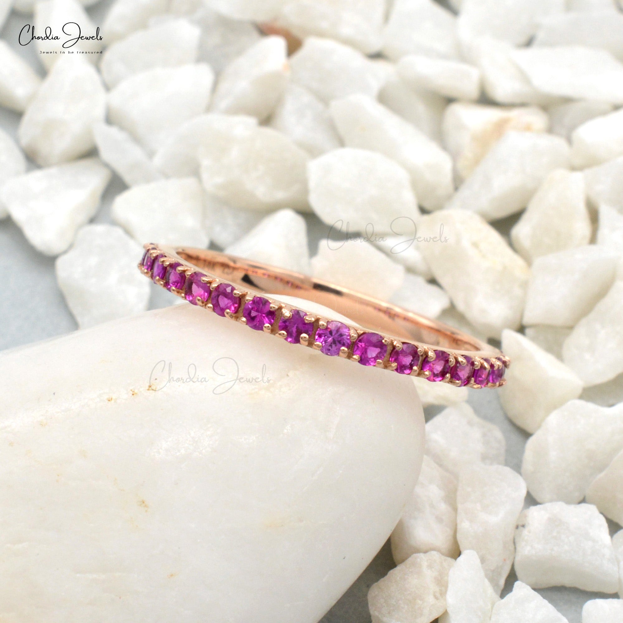 Half Eternity Round Cut Band With 0.51 Ct Pink Sapphire 14k Rose Gold Promise Ring