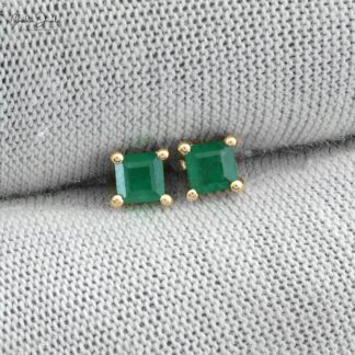Natural Emerald Solitaire Studs In 14k Yellow Gold Gemstone Push Back Hallmark Earrings