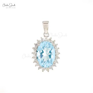 Oval Wedding Pendant With 4.47 Ct Aquamarine Halo Diamond Pendant In 14k White Gold