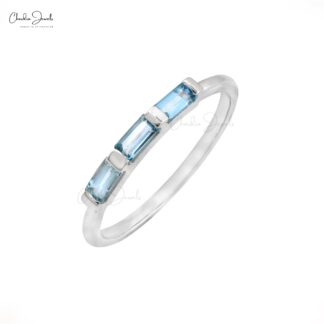 Natural Aquamarine Trilogy Ring With 0.24 Ct Gemstone Stackable Ring In 14k White Gold