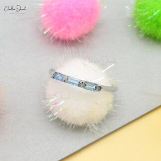 Natural Aquamarine Trilogy Ring With 0.24 Ct Gemstone Stackable Ring In 14k White Gold