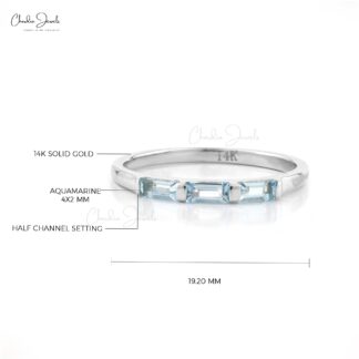 Natural Aquamarine Trilogy Ring With 0.24 Ct Gemstone Stackable Ring In 14k White Gold