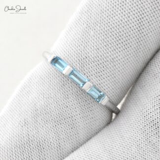 Natural Aquamarine Trilogy Ring With 0.24 Ct Gemstone Stackable Ring In 14k White Gold