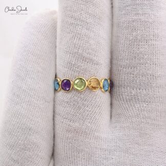 Multi Gemstone Eternity Band With 4mm Round Cut Bezel Set In 14k Yellow Gold Stack Ring