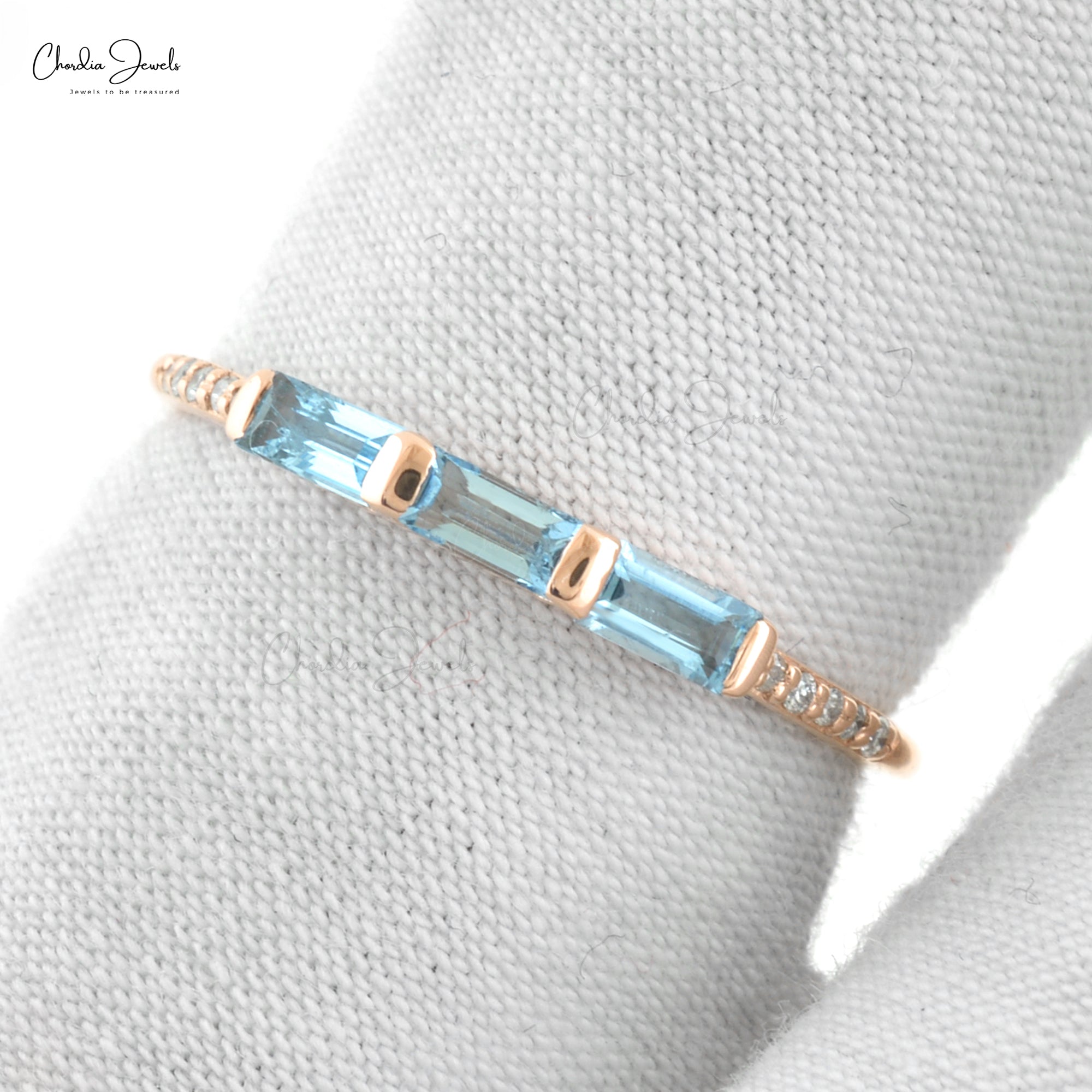 Natural 4X2mm Baguette Cut Aquamarine Ring in 14k Solid Rose Gold