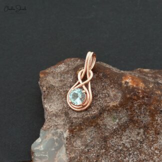 Genuine Aquamarine Solitaire Pendant In Solid 14k Rose Gold Infinity Hallmarked Necklace
