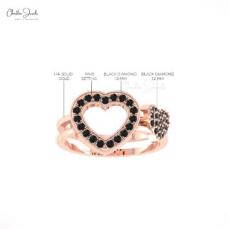 Open Heart Promise Ring In Real 14k Gold Black Diamond 1.5mm Round Women Rings