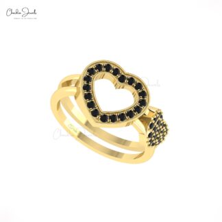 Open Heart Promise Ring In Real 14k Gold Black Diamond 1.5mm Round Women Rings