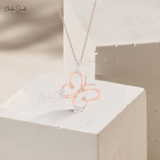 Diamond Butterfly Pendant With 2mm Round G-H Diamond Minimal Necklace In 14k Solid Gold