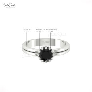 Genuine Black Diamond Solitaire Ring In Solid 14k Gold Single Stone Wedding Fine Jewelry