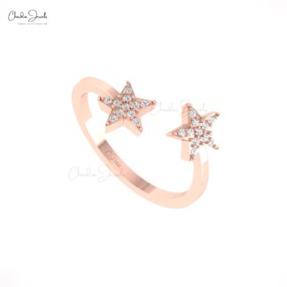 Open Cuff Cluster Ring With 0.11 Ct White Diamond Engagement Star Ring In 14k Gold