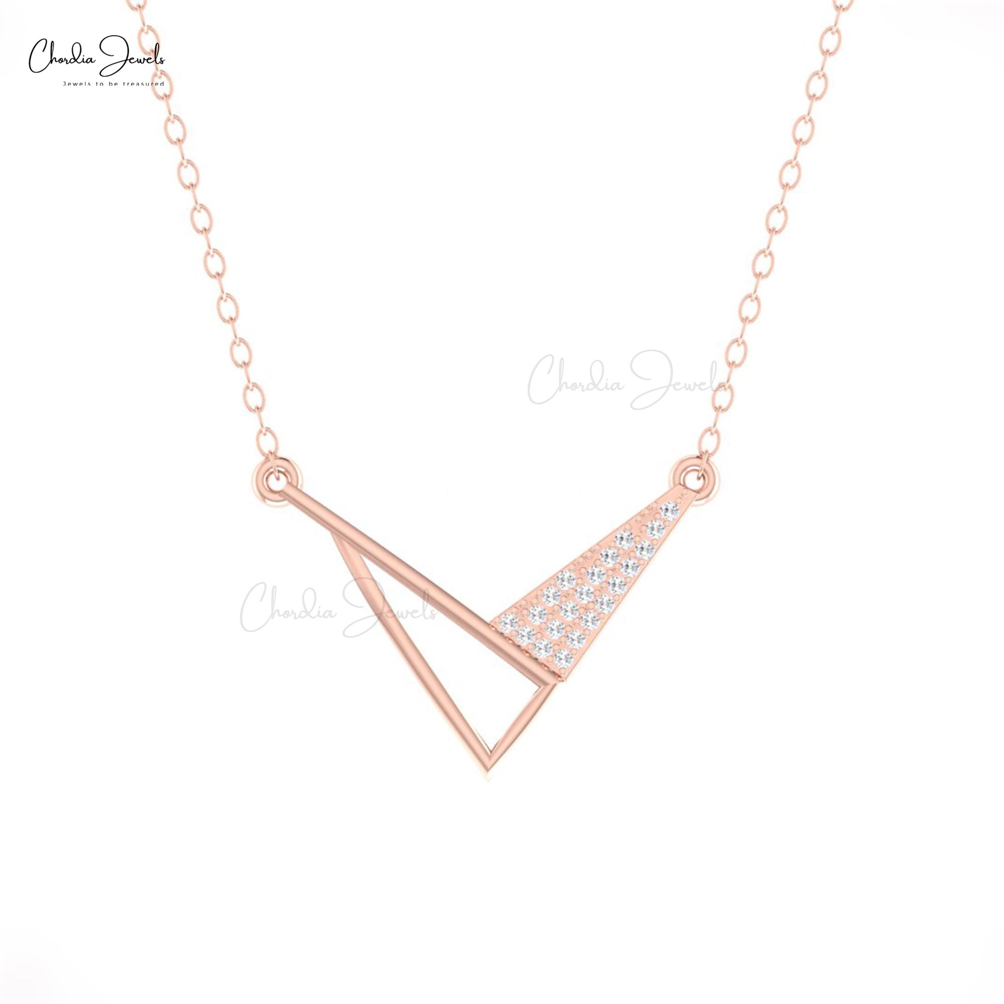 Open Close Triangle Necklace In Pure 14k Gold Cluster G-H Diamond 0.9mm Round Necklaces