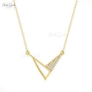Open Close Triangle Necklace In Pure 14k Gold Cluster G-H Diamond 0.9mm Round Necklaces