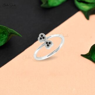 Open Cuff Double Heart Ring With 0.09 Ct Black Diamond Promise Ring In 14k Pure Gold