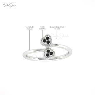 Open Cuff Double Heart Ring With 0.09 Ct Black Diamond Promise Ring In 14k Pure Gold