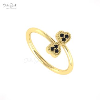 Open Cuff Double Heart Ring With 0.09 Ct Black Diamond Promise Ring In 14k Pure Gold