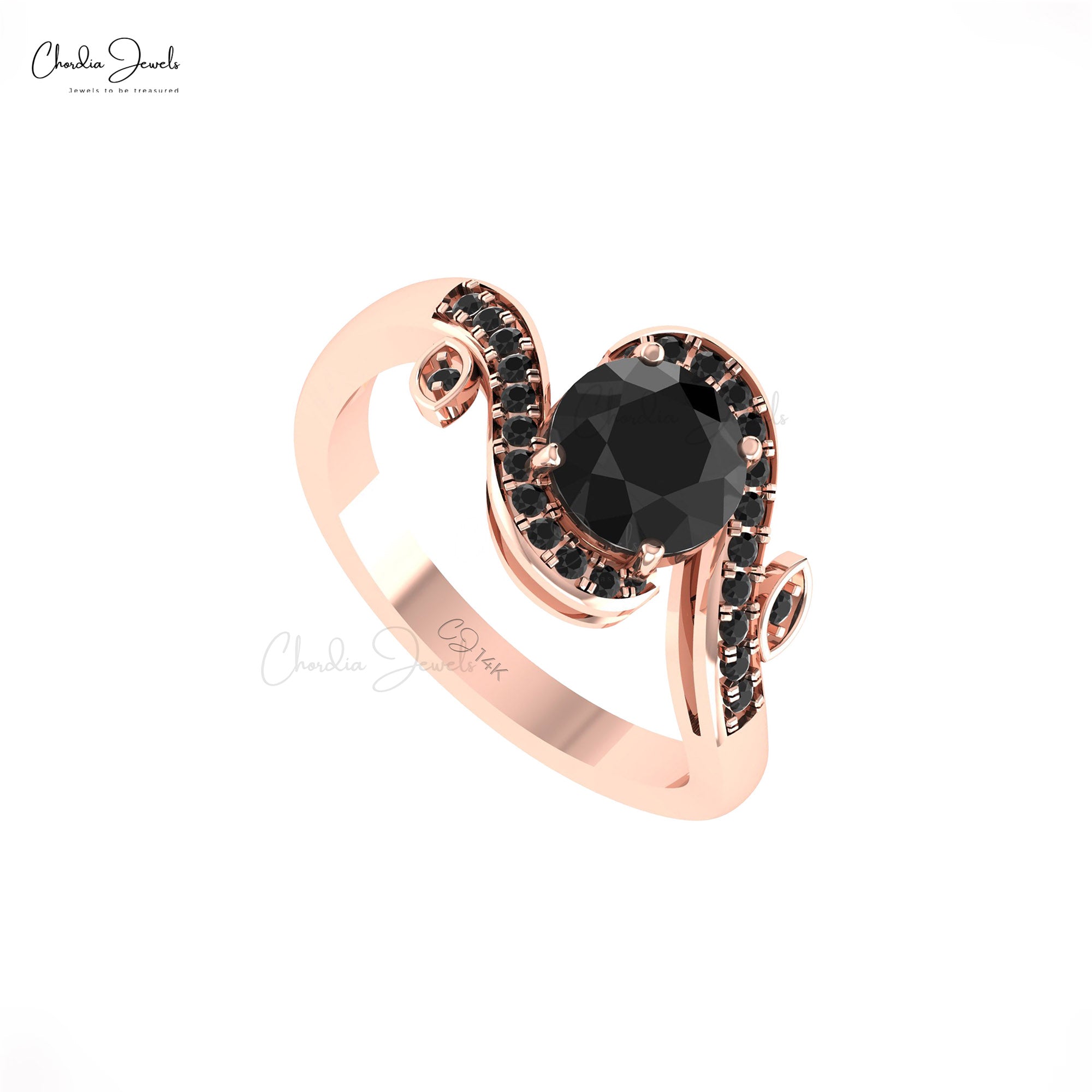 Natural Black Diamond Floral Ring In Solid 14k Gold April Birthstone Wedding Wave Rings