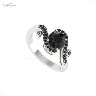 Natural Black Diamond Floral Ring In Solid 14k Gold April Birthstone Wedding Wave Rings