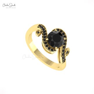 Natural Black Diamond Floral Ring In Solid 14k Gold April Birthstone Wedding Wave Rings