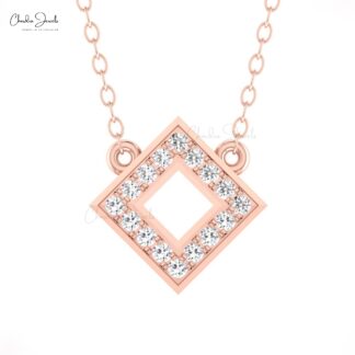 Open Square Chain Necklace With 0.16 Ct White Diamond 14k Solid Gold Handmade Necklace