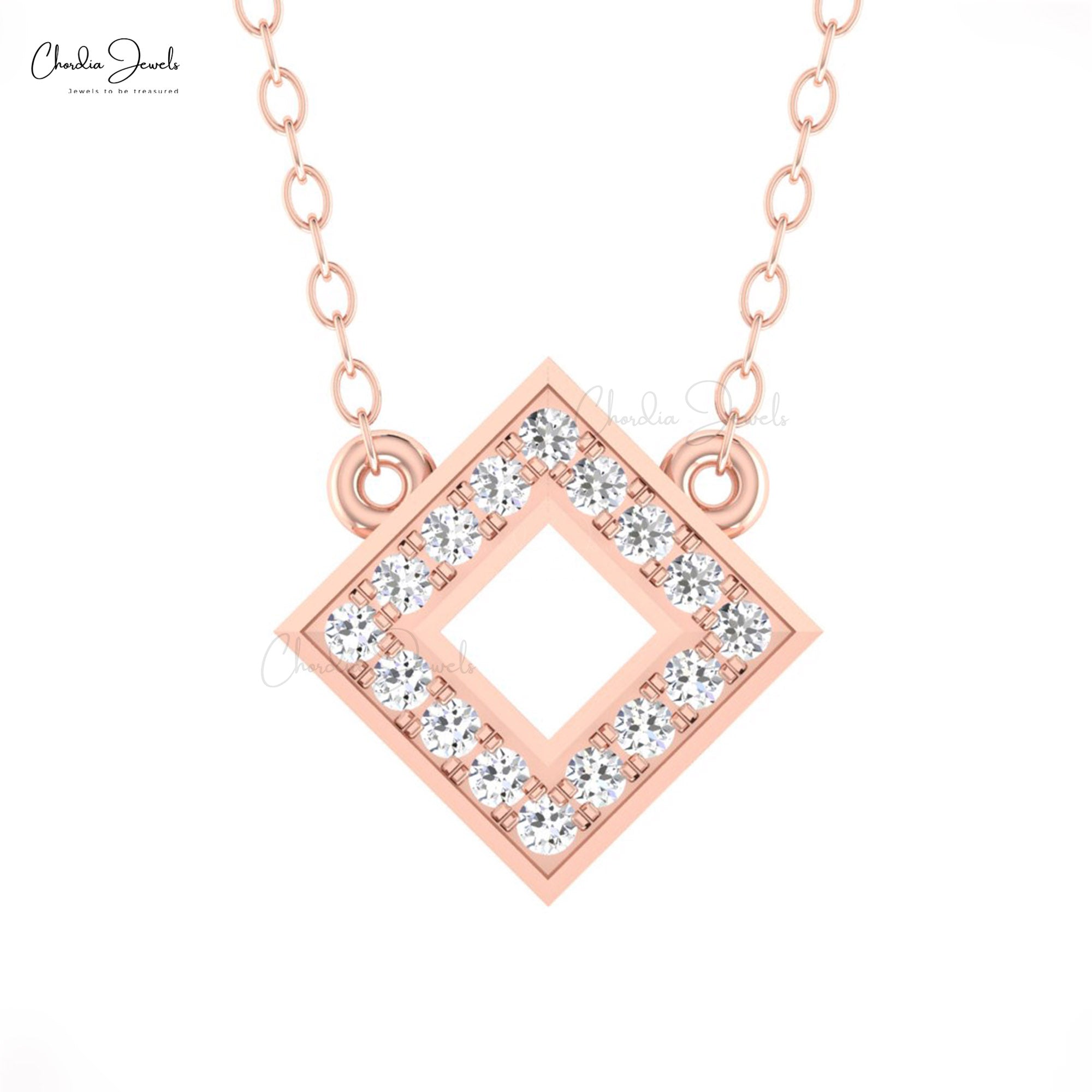Open Square Chain Necklace With 0.16 Ct White Diamond 14k Solid Gold Handmade Necklace