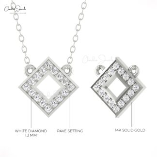 Open Square Chain Necklace With 0.16 Ct White Diamond 14k Solid Gold Handmade Necklace