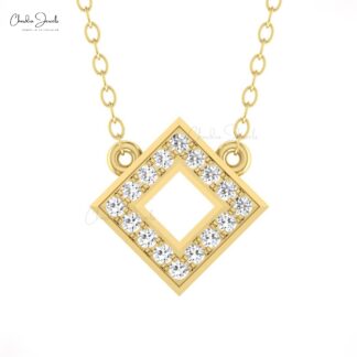 Open Square Chain Necklace With 0.16 Ct White Diamond 14k Solid Gold Handmade Necklace