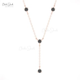 Lariat Yard Thin Chain Necklace In Pure 14k Gold Black Diamond 3mm Round Cut Jewelry