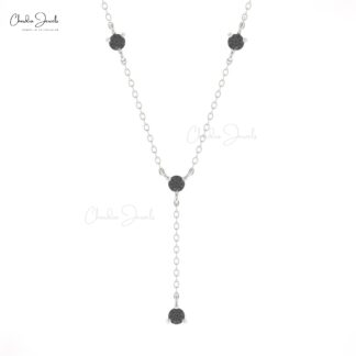Lariat Yard Thin Chain Necklace In Pure 14k Gold Black Diamond 3mm Round Cut Jewelry