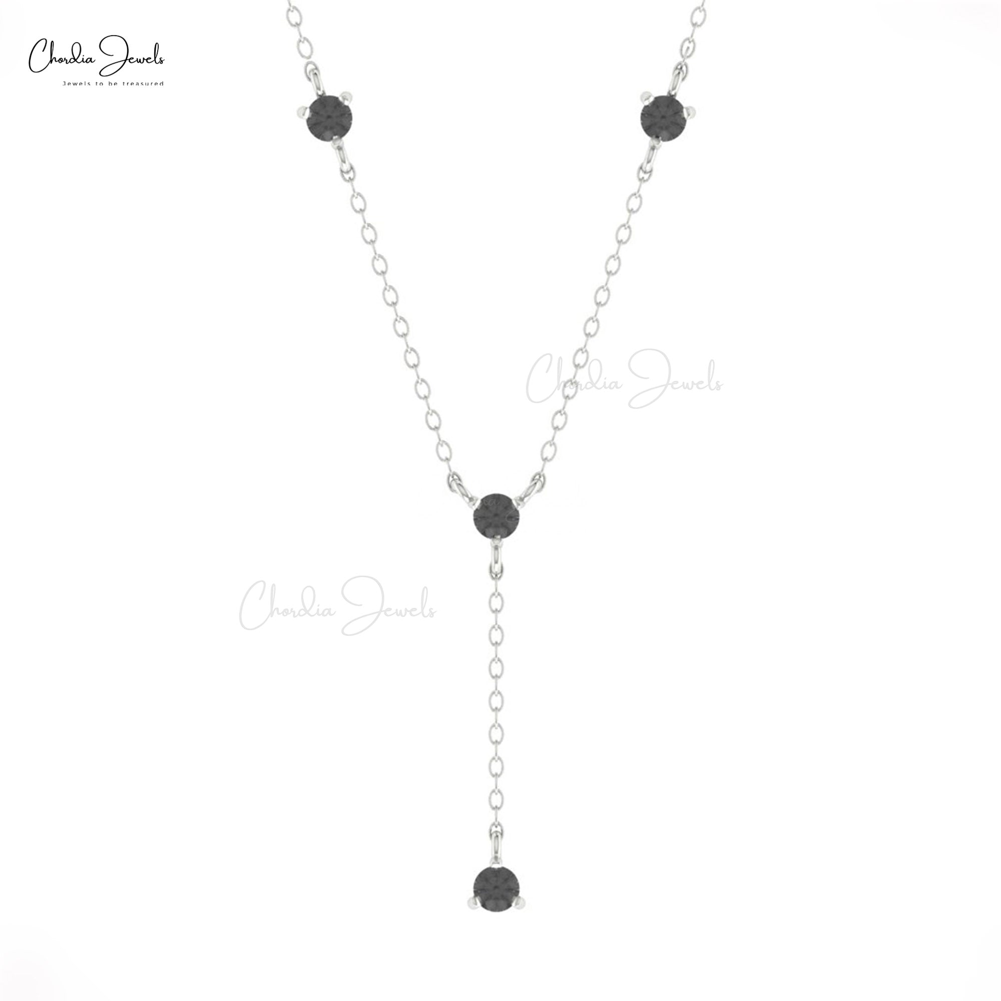 Lariat Yard Thin Chain Necklace In Pure 14k Gold Black Diamond 3mm Round Cut Jewelry