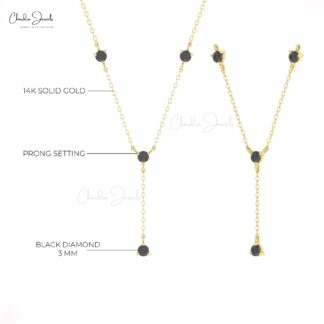 Lariat Yard Thin Chain Necklace In Pure 14k Gold Black Diamond 3mm Round Cut Jewelry