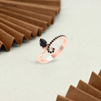 Pear Leaf Style Ring With 0.54 Ct Black Diamond Bypass Engagement Rings In 14k Real Gold