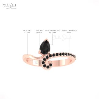 Pear Leaf Style Ring With 0.54 Ct Black Diamond Bypass Engagement Rings In 14k Real Gold