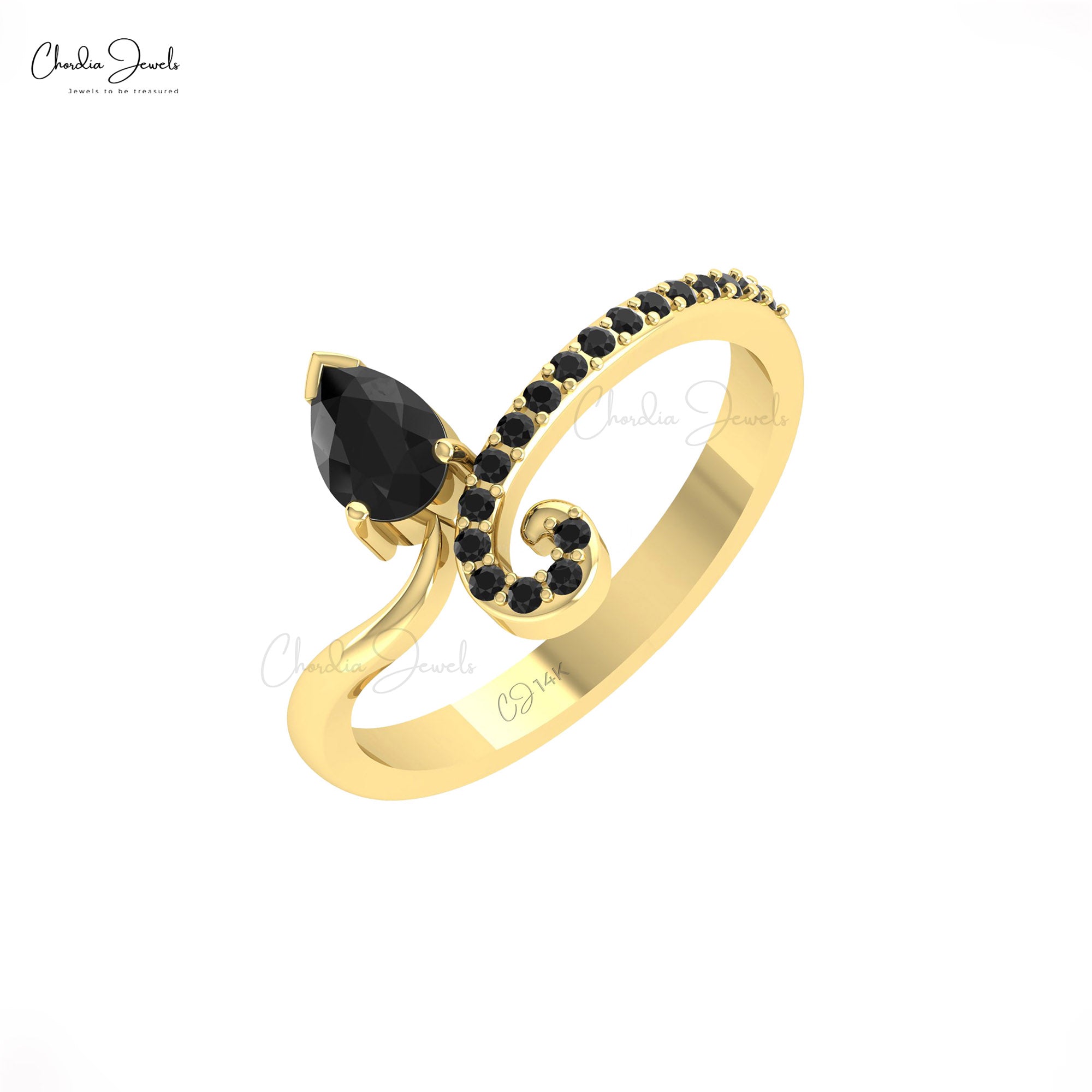 Pear Leaf Style Ring With 0.54 Ct Black Diamond Bypass Engagement Rings In 14k Real Gold