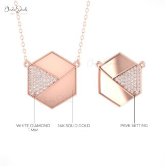 Hexagonal Pave Necklace In 1mm White Diamond Cluster Chain Necklaces In Solid 14k Gold