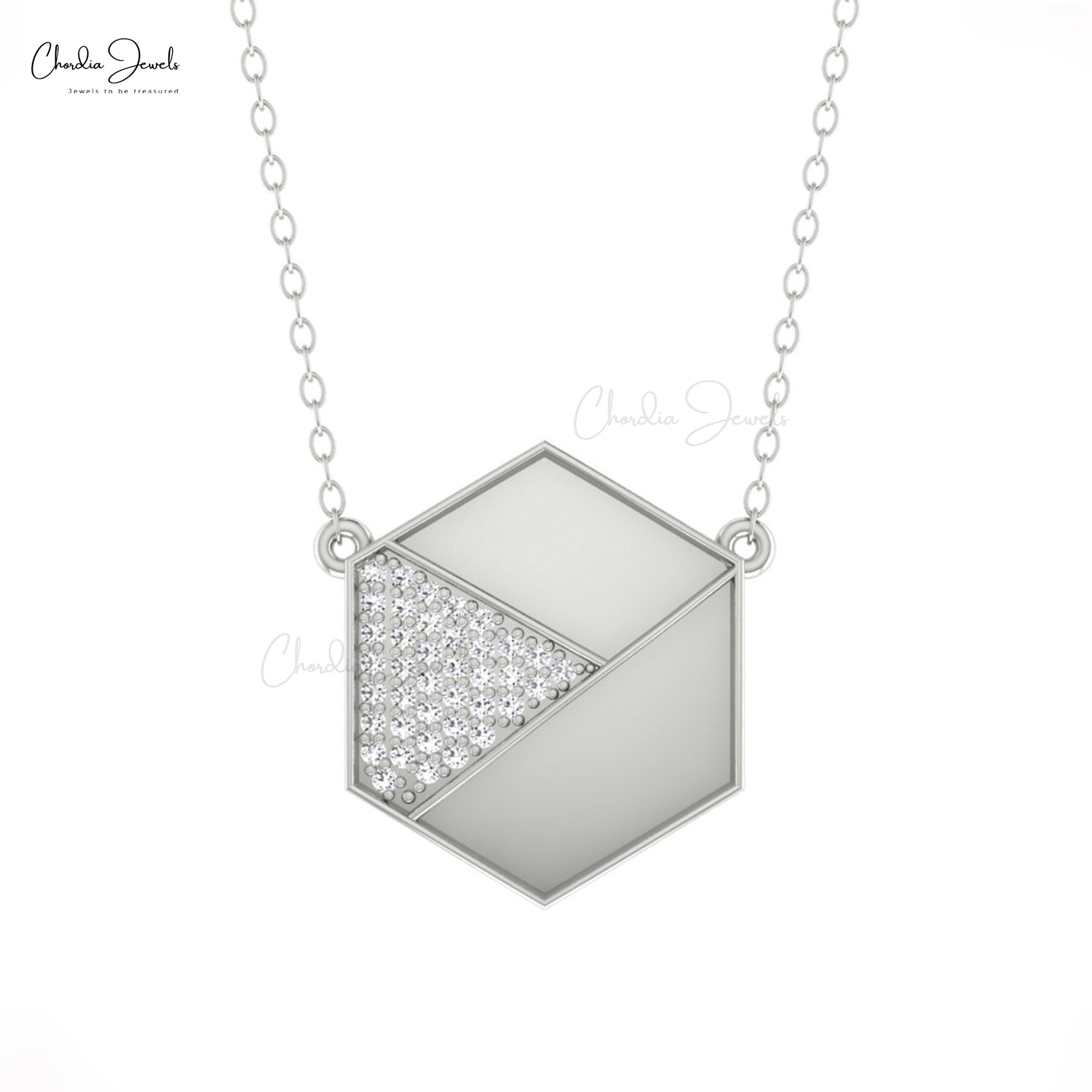 Hexagonal Pave Necklace In 1mm White Diamond Cluster Chain Necklaces In Solid 14k Gold
