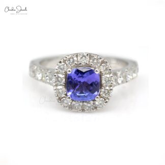 Halo Engagement Ring With 6mm Tanzanite & Diamond Pave Set In 14k White Gold Bridal Rings