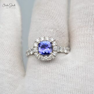 Natural Tanzanite Halo Ring In 14k Real White Gold Diamond Wedding Certified Rings For Her