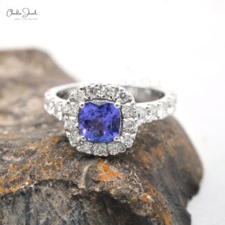 Natural Tanzanite Halo Ring In 14k Real White Gold Diamond Wedding Certified Rings For Her