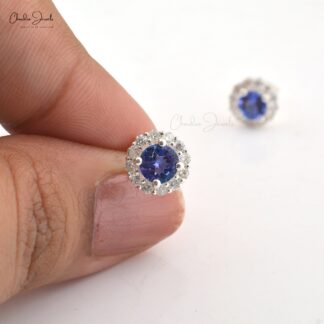Genuine Tanzanite & Diamond Halo Studs 14k White Gold Push Back Earrings For Wedding Gift