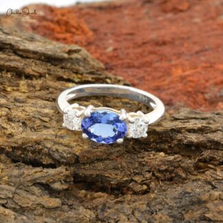 IGI Certified 3 Stone Ring In 14k White Gold Oval Tanzanite Diamond Proposal Rings