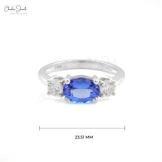 IGI Certified 3 Stone Ring In 14k White Gold Oval Tanzanite Diamond Proposal Rings