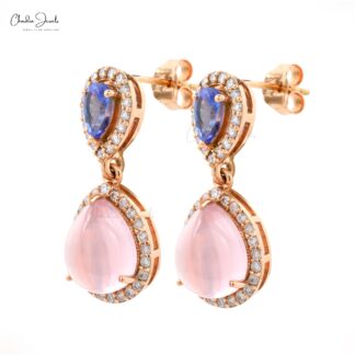 Pear Shape Dangle Earring In 14k Rose Gold Tanzanite & Rose Quartz Halo Diamond Earrings