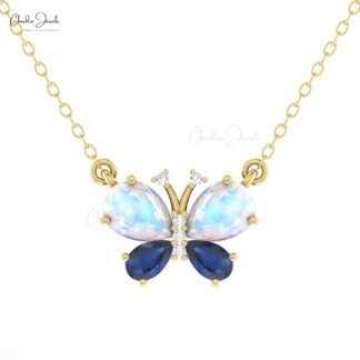 Pear Moonstone Papillion Necklace In Real 14k Gold Blue Sapphire And Diamond Chain Necklace