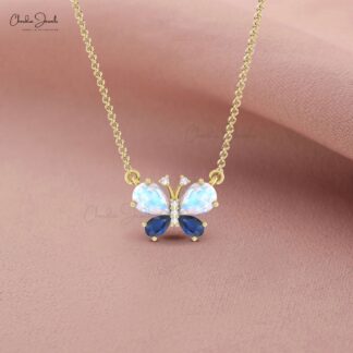 Pear Moonstone Papillion Necklace In Real 14k Gold Blue Sapphire And Diamond Chain Necklace