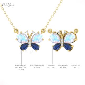 Pear Moonstone Papillion Necklace In Real 14k Gold Blue Sapphire And Diamond Chain Necklace