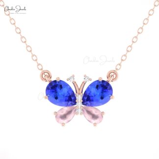 Gemstone Butterfly Necklace In 14k Real Gold Tanzanite And Rosequartz Diamond Necklaces